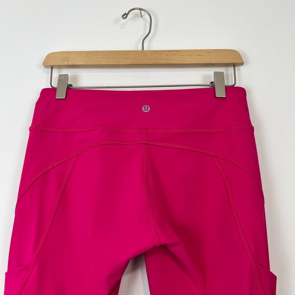 Lululemon Bright Pink Tech Yoga Gym Cropped Stretch Logo Leggings UK 12 - Picture 7 of 11